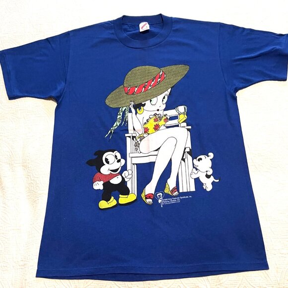Betty Boop T-Shirt 1995 Blue Sun Hat Pudgy Bimbo Cartoon Jerzees USA Large VTG - Picture 1 of 11